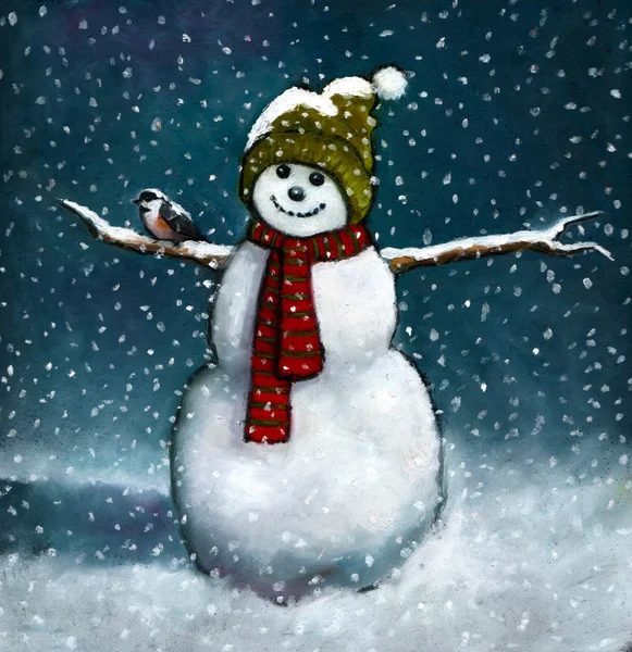 Snowman With Chickadee: Freehand Oil Pastel Painting — Stock Photo, Image