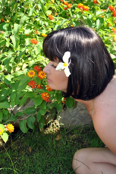 Woman sniffs the flowerses. — Stock Photo, Image