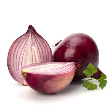 Red sliced onion and fresh parsley still life clipart