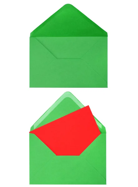 Zöld borítékban kártya elszigetelt fehér background — Stock Fotó