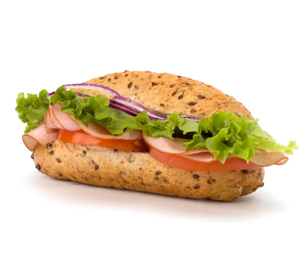 stock image Fast food baguette sandwich with lettuce, tomato, ham and chees