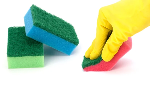 stock image Hand in yellow glove with sponge