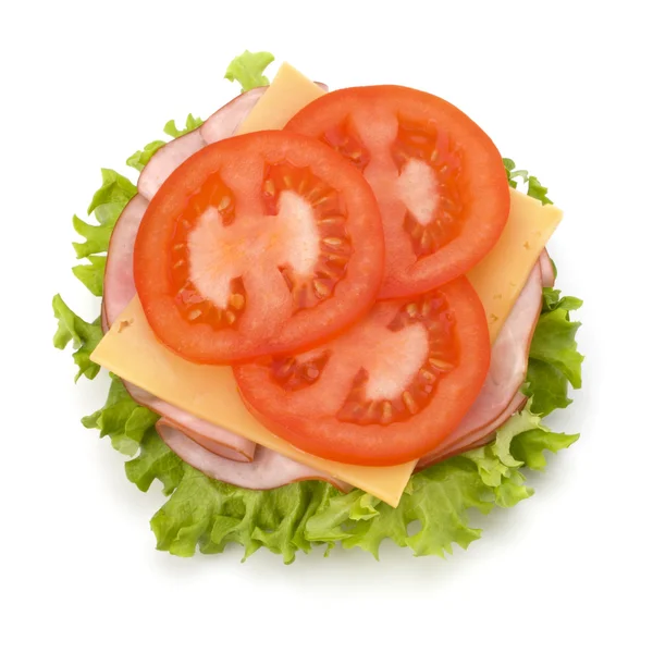 Sandwich ouvert sain avec laitue, tomate, jambon fumé et fromages — Photo