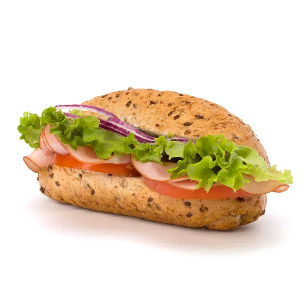 stock image Fast food baguette sandwich with lettuce, tomato, ham and chees