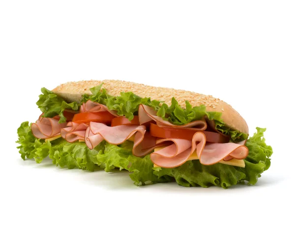 stock image Fast food baguette sandwich with lettuce, tomato, ham and chees