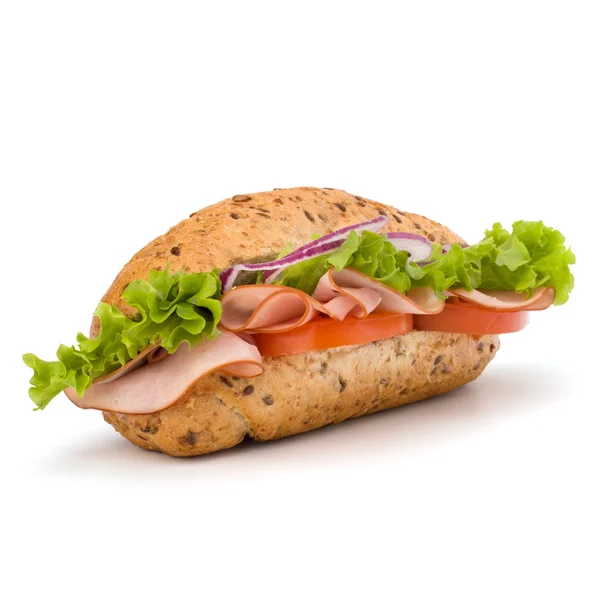 Fast food baguette sandwich with lettuce, tomato, ham and chees — Stock Photo, Image