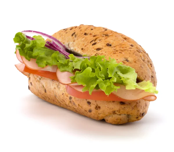 stock image Fast food baguette sandwich with lettuce, tomato, ham and chees