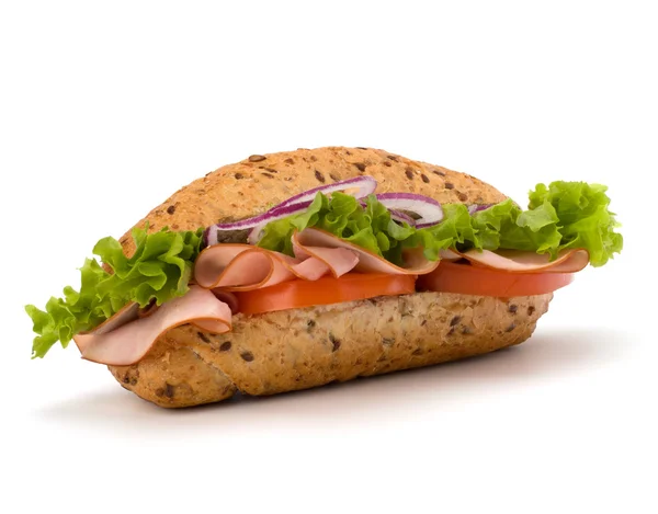 stock image Fast food baguette sandwich with lettuce, tomato, ham and chees