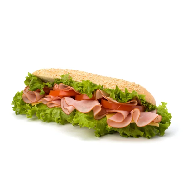 Sandwich baguette fast food avec laitue, tomate, jambon et fromages — Photo