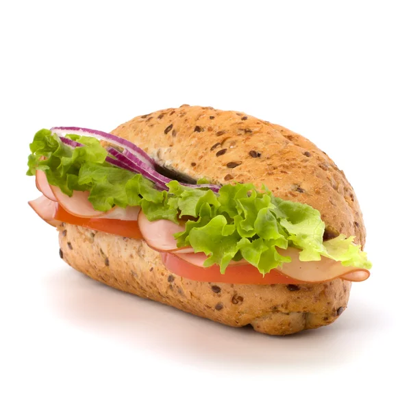 stock image Fast food baguette sandwich with lettuce, tomato, ham and chees