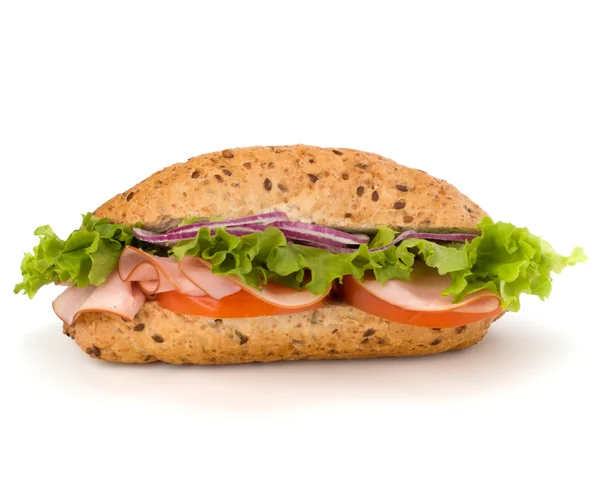 Stock image Fast food baguette sandwich with lettuce, tomato, ham and chees