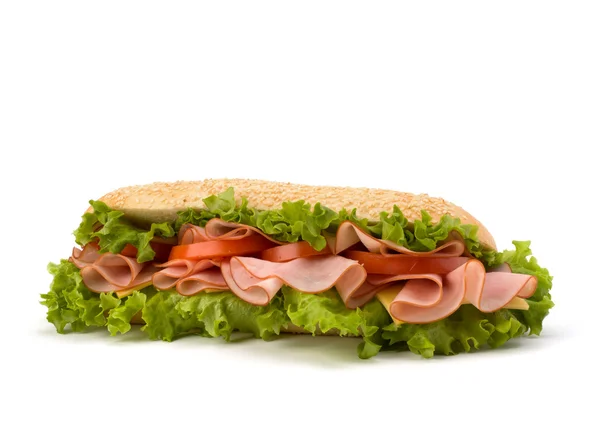 stock image Fast food baguette sandwich with lettuce, tomato, ham and chees