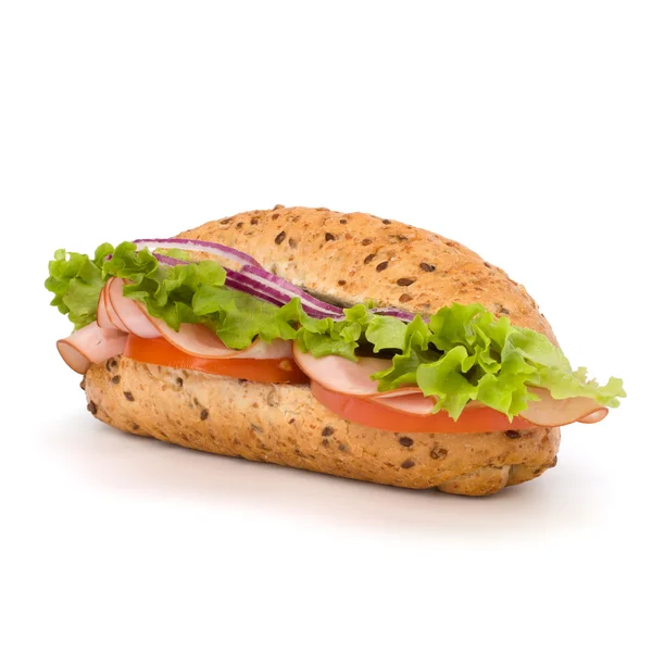 stock image Fast food baguette sandwich with lettuce, tomato, ham and chees