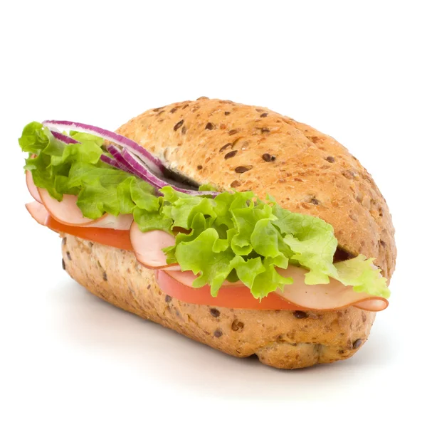 stock image Fast food baguette sandwich with lettuce, tomato, ham and chees