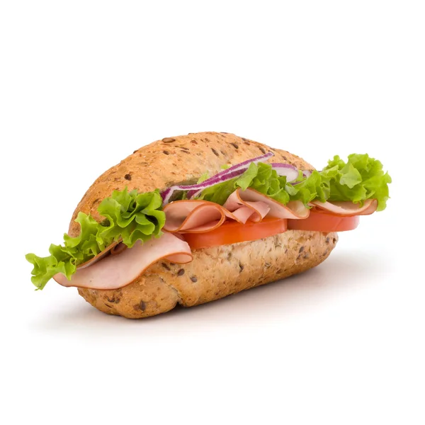 Бутерброд з фаст-фудом з салатом, помідорами, шинкою та сирами — стокове фото