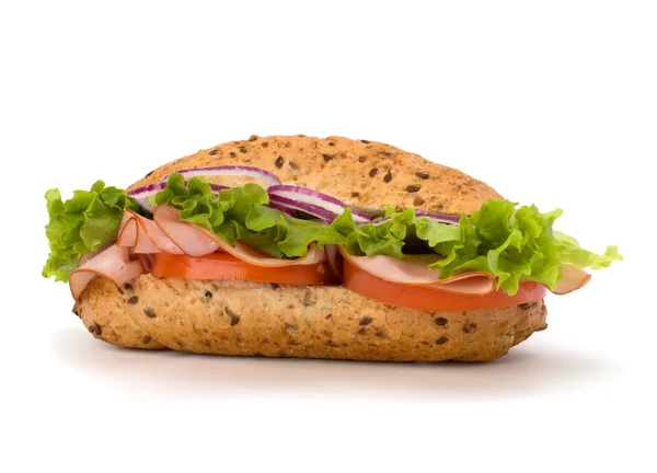 stock image Fast food baguette sandwich with lettuce, tomato, ham and chees