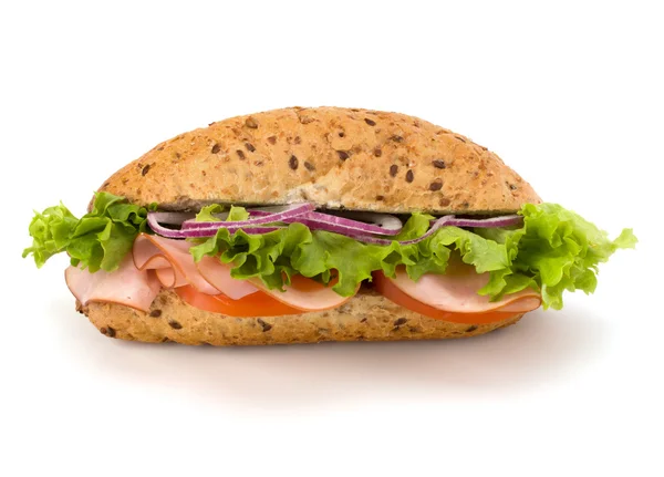 stock image Fast food baguette sandwich with lettuce, tomato, ham and chees