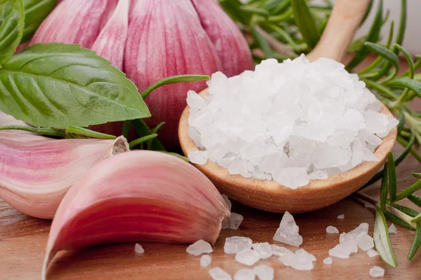 stock image Fresh herbs and salt spoon