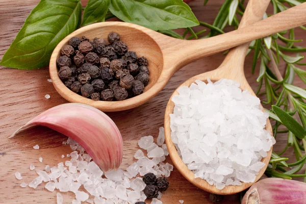 stock image Fresh herbs and salt spoon