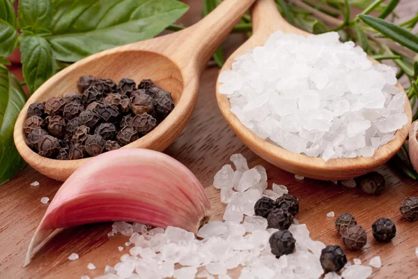 stock image Fresh herbs and salt spoon