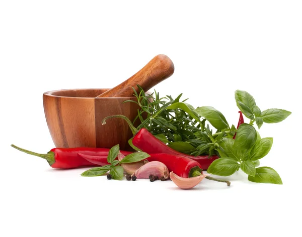 stock image Fresh flavoring herbs and spices in wooden mortar