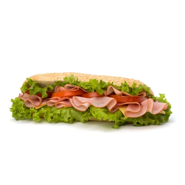 Sanduíche de baguete fast food com alface, tomate, presunto e queijo — Fotografia de Stock