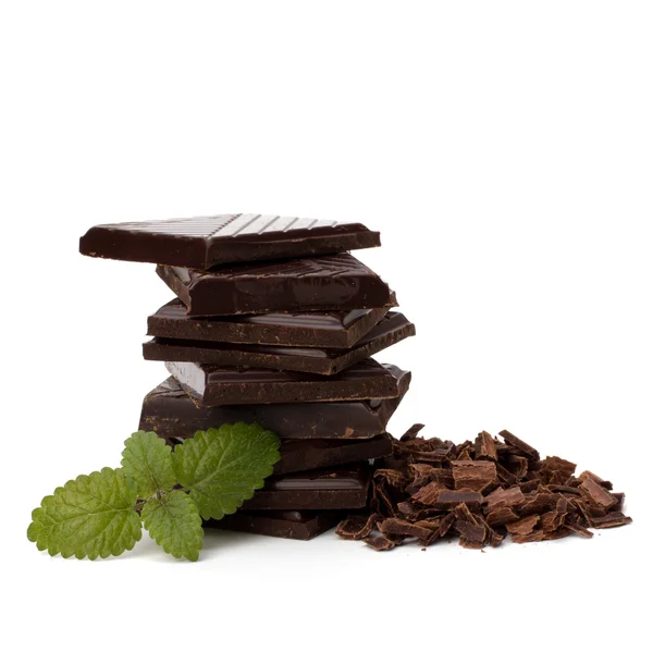 Chocoladerepen stapel en mint blad — Stockfoto