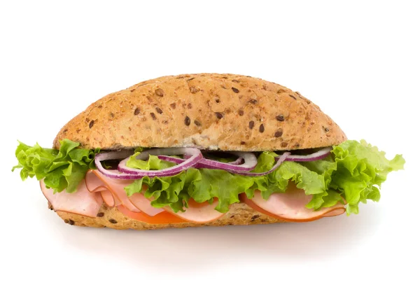 stock image Fast food baguette sandwich with lettuce, tomato, ham and chees