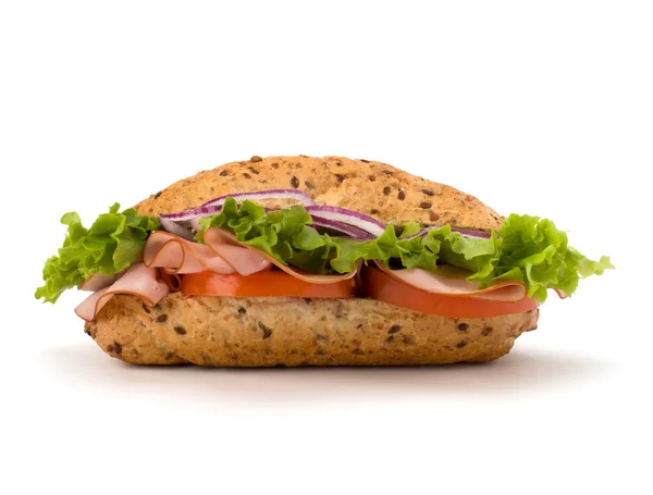 stock image Fast food baguette sandwich with lettuce, tomato, ham and chees