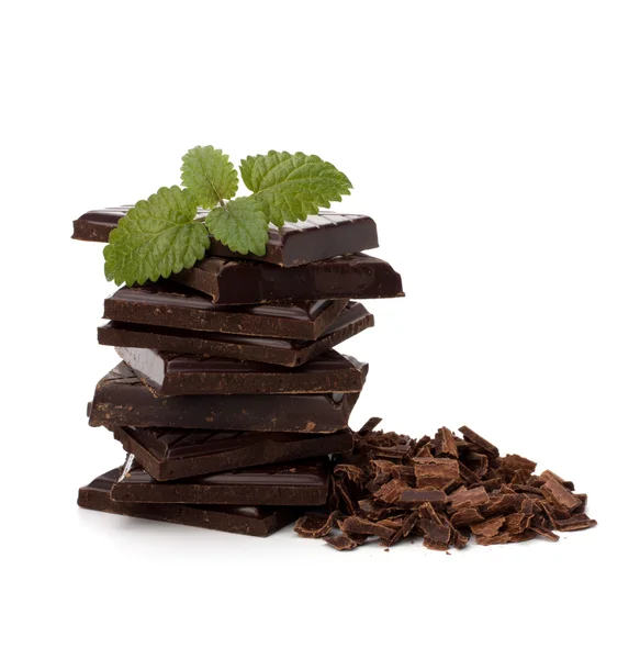 Chocolate bars stack and mint leaf — Stock Photo, Image