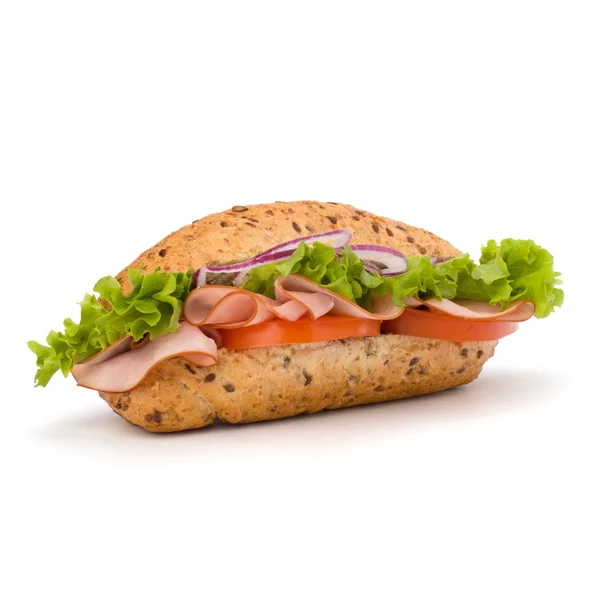 Gyorsétterem baguette szendvics, saláta, paradicsom, sonka és a sajtot — Stock Fotó