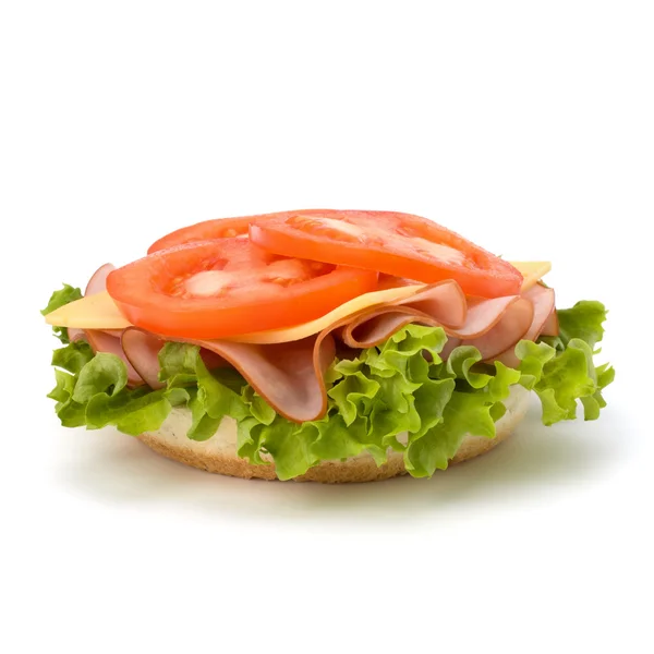 Здоровый открытый сэндвич с салатом, помидорами, копченой ветчиной и сыром — стоковое фото