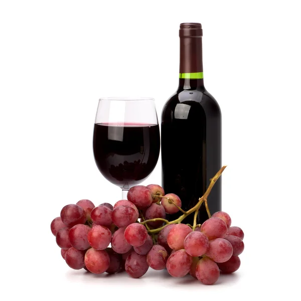 Copa de vino tinto completo, botella y uvas —  Fotos de Stock