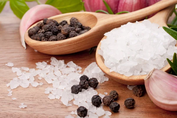 stock image Fresh herbs and salt spoon