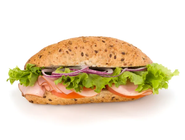 stock image Fast food baguette sandwich with lettuce, tomato, ham and chees