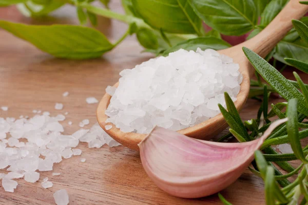 stock image Fresh herbs and salt spoon