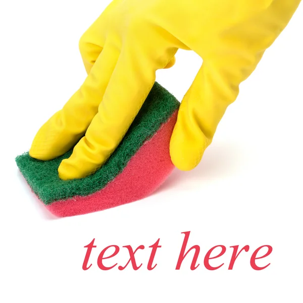 Hånd i gul hanske med svamp – stockfoto