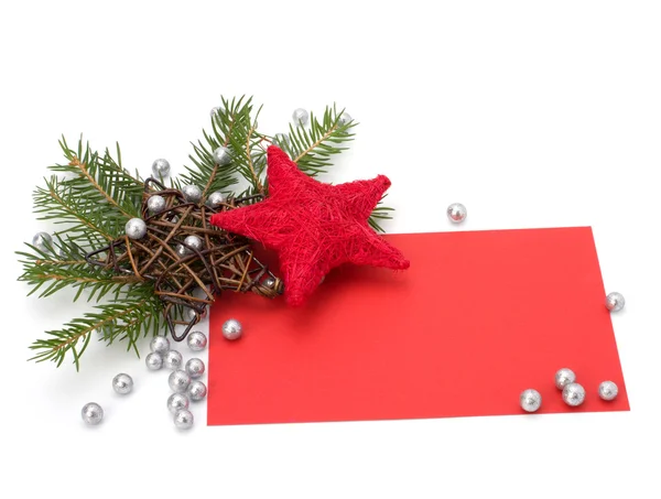 Juldekoration med gratulationskort isolerad på vit bakgrunds — Stockfoto