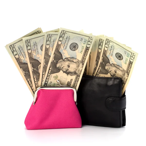 Dinheiro em bolsa de couro — Fotografia de Stock