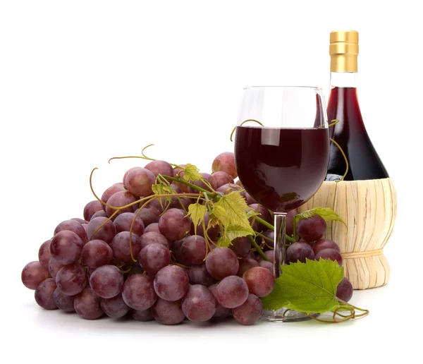 Copa de vino tinto, botella y uva —  Fotos de Stock