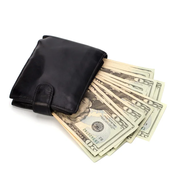 Dinero en bolso de cuero — Foto de Stock