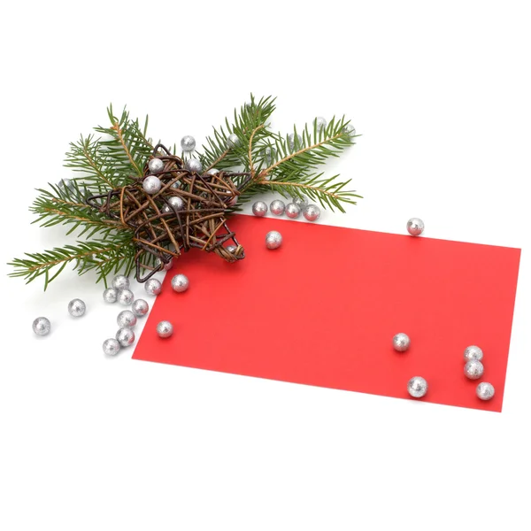 Juldekoration med gratulationskort isolerad på vit bakgrunds — Stockfoto