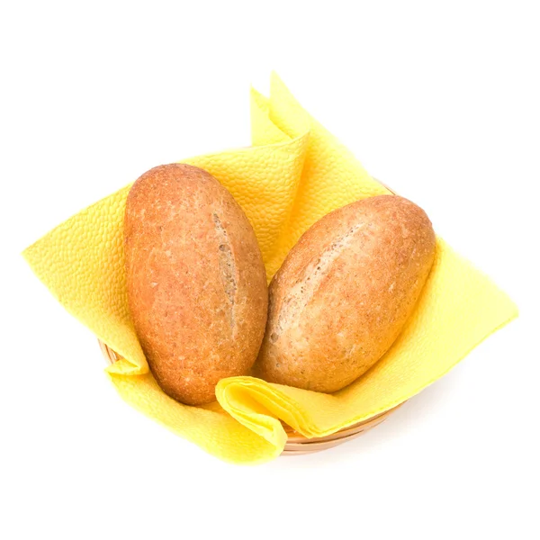 Fresh warm rolls in breadbasket isolated on white background — Stock Photo, Image