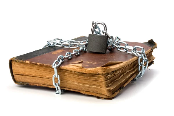 stock image Tattered book with chain and padlock isolated on white backgroun