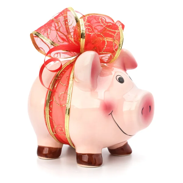 Piggy bank with festive bow isolated — Stock Photo, Image