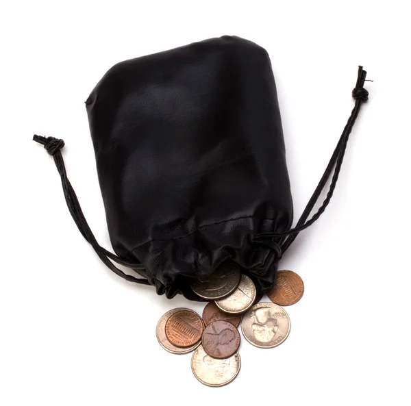 Pieniądze w skórzanej torby na białym tle — Zdjęcie stockowe