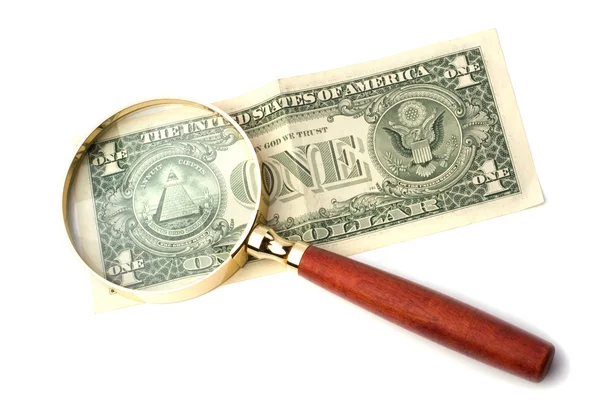 Hand magnifier over banknote isolated on white background — Stock Photo, Image