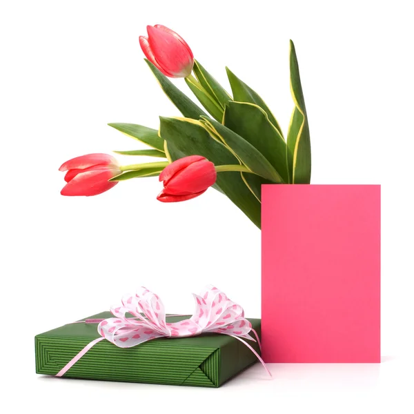 Gift with pink tulips isolated on white background — Stock Photo, Image