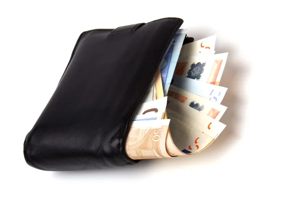 Гроші в шкіряному гаманці ізольовані на білому тлі — стокове фото