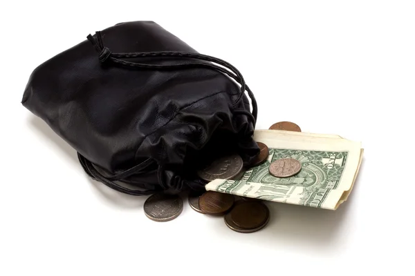 Money in leather bag isolated on white background — Stock Photo, Image
